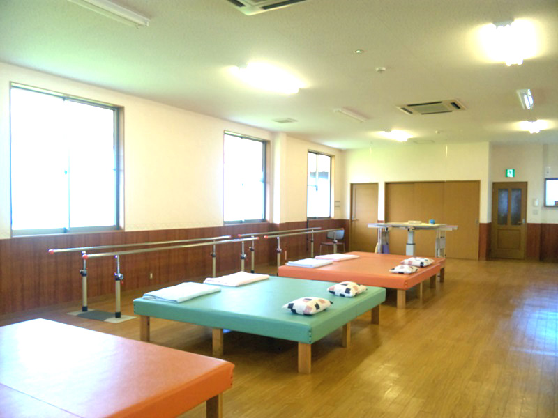 広々としたフロアに並ぶリハビリ用ベッドと機能訓練設備（クリックで拡大表示）